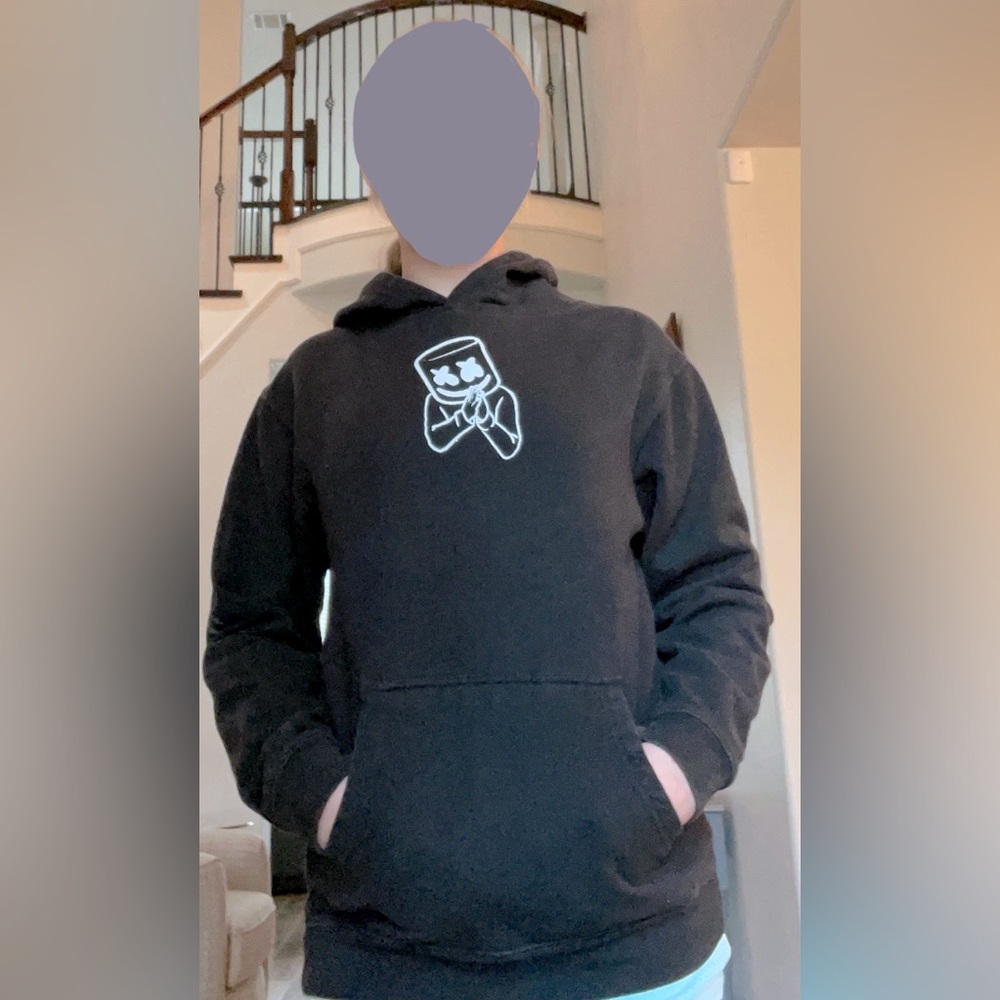 Black hoodie with the singer Marshmello on the front and back